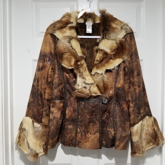 Cache Jackets & Blazers - Cache Vintage 90's Brown Faux Leather Rose Embossed Print Faux Fur Trim Coat